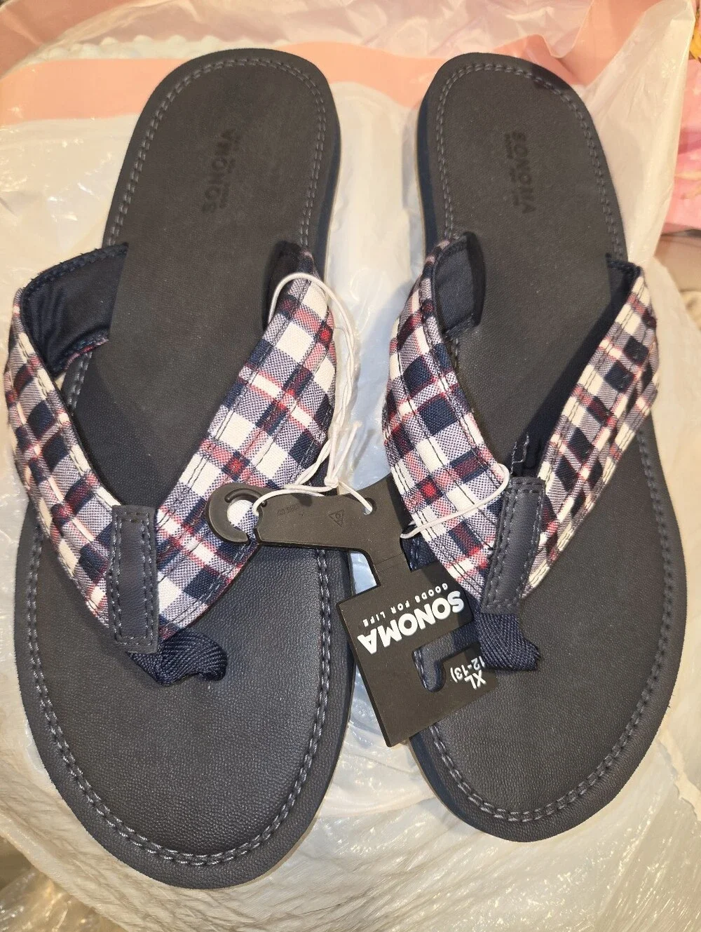 Sonoma Mens Navy Flip Flops Plaid Straps Xl 12/13